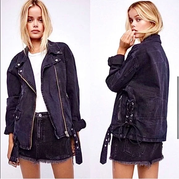 Free People Black Oversized Denim Moto Jacket Corset Lace Up - Picture 1 of 8